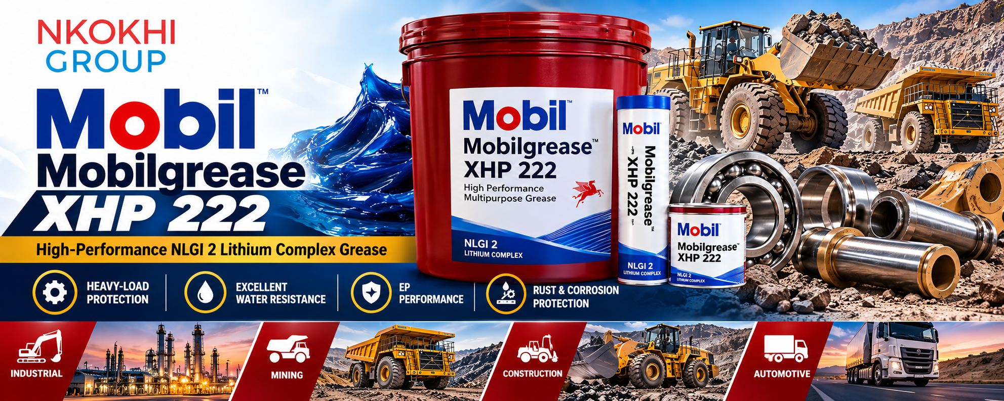 Mobilgrease XHP 222 South Africa, Mobil XHP 222, Mobil grease XHP 222, NLGI 2 grease, lithium complex grease, EP grease, heavy duty grease, mining grease, industrial grease, earthmoving equipment grease.
