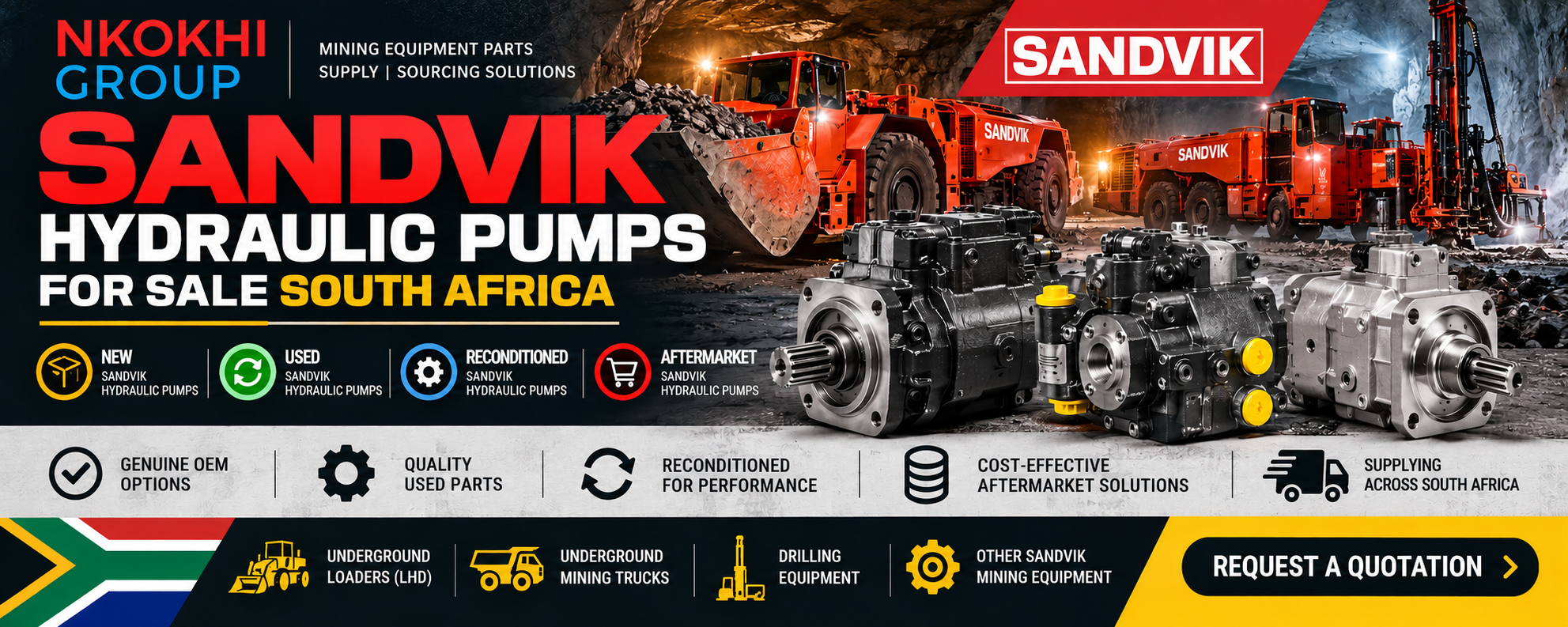 Sandvik hydraulic pumps, Sandvik spare parts, mining hydraulic pumps, underground mining equipment parts, hydraulic pump suppliers South Africa.